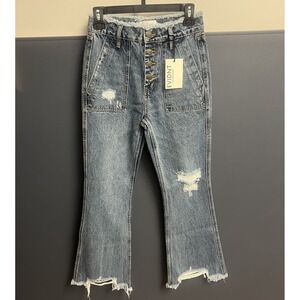 Evidnt Los Angeles Women's Saint Denis Flare Distressed Raw Jeans Pants Size 25